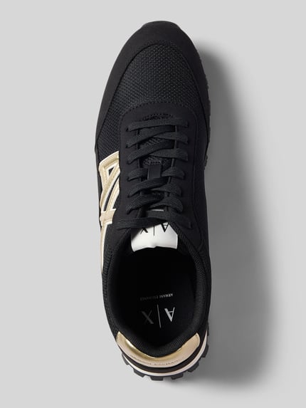 Productfoto, Sneaker mit Label-Detail Modell 'DROP' van ARMANI EXCHANGE, zwarte mesh, afgeronde punt, vetersluiting, rubberzool, hakhoogte 2 cm, schachthoogte 9 cm, schachtbreedte 9 cm