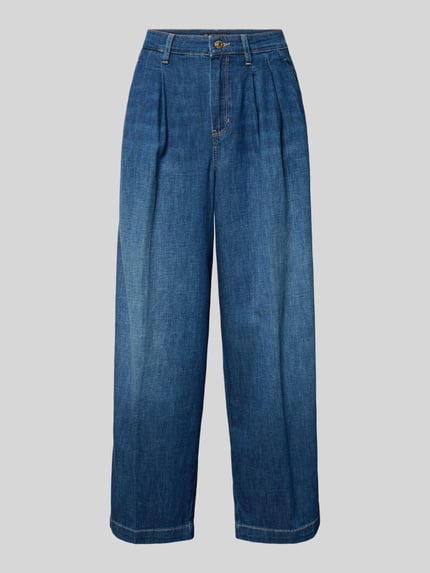 Produktfoto, Wide Fit Jeans mit Leinen-Anteil Modell 'Mayla' von Raffaello Rossi aus Leinen-Baumwoll-Mix, dunkelblau, mit Bundfalten, Gesäßtaschen, Eingrifftaschen, verkürzte Passform.