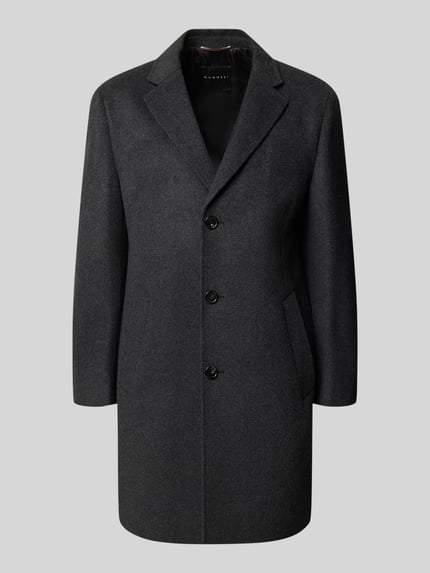 Produktfoto, Mantel aus Wolle mit Reverskragen von BUGATTI in dunkelgrau, strukturiertes Unidesign, Longline-Form, einreihige Knopfleiste, seitliche Eingrifftaschen