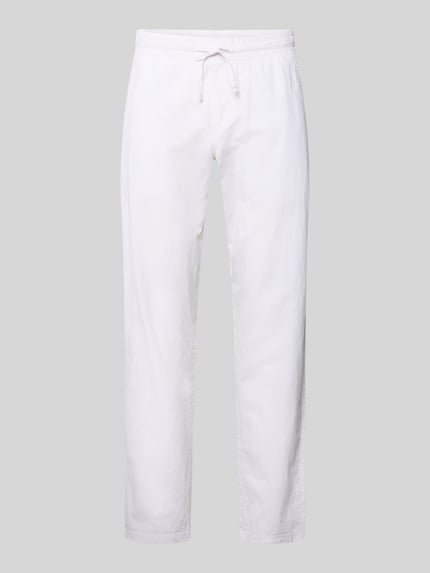 Produktfoto, spodnie z mieszanki bawełny i lnu model 'KANE' od Jack & Jones, krój regular fit, elastyczny pas, szerokość w rozmiarze M 41 cm, długość wewnętrzna nogawki w rozmiarze M 81 cm, kolor jasny, tkanina gładka