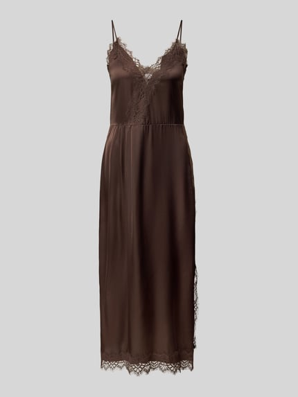 Productfoto, Midikleid met Spitzenbesatz Modell 'LOUISE' van NOISY MAY®, glanzende bruine satinstof, A-lijn, kanten details, spaghettibandjes