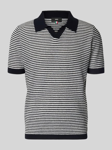 Produktfoto, Regular Fit Poloshirt mit V-Ausschnitt Modell 'RIANO' von CINQUE, bawełniany miks, krój regular fit, długość tyłu w rozmiarze M: 70 cm, czarno-białe paski, teksturowany materiał