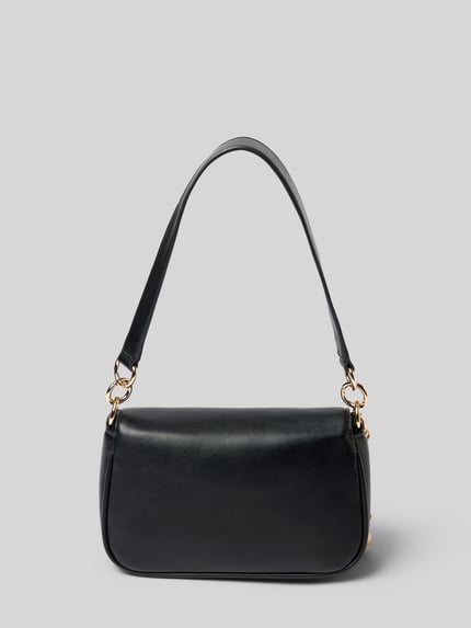 Produktfoto, Handtasche mit Klickverschluss Modell 'ADIVA' von Liu Jo White in Schwarz, Label-Applikation, breiter Tragehenkel, glatte Struktur, Hauptfach, Schulterriemen, Maße 22x13x6 cm, Riemenlänge 118 cm.