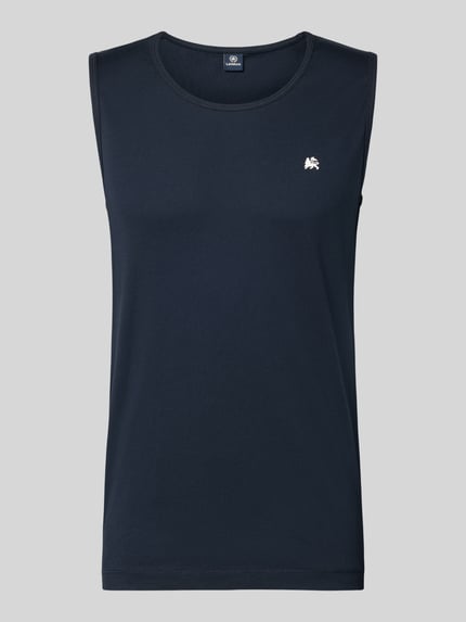 Produktfoto, dunkelblaues Tanktop mit Rundhalsausschnitt und Logo-Print von Lerros aus Reine Baumwolle im Regular-Fit, Rückenlänge 69 cm bei Größe M.