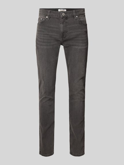Produktfoto, Slim Fit Jeans aus Baumwoll-Mix mit Viskose-Anteil Modell 'LOOM' von Only & Sons, denim, krój slim fit, 5 kieszeni, faktura twillu, szara barwa, detal z tłoczonym logo, szlufki na pasek, zapięcie na guzik i kryty zamek, kontekst: jeansy męskie.