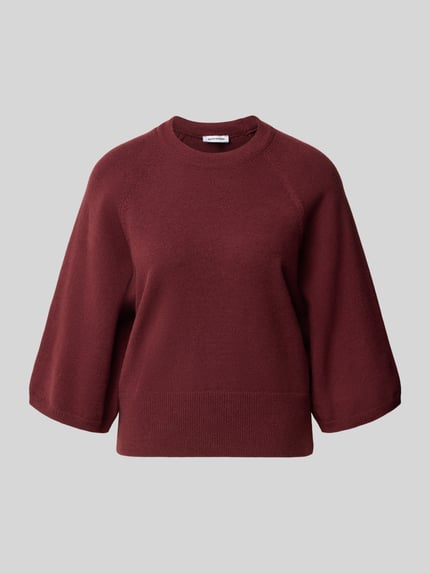 Produktfoto, Strickpullover mit 3/4-Arm von MORE & MORE, weinrote Farbe, glatter Material-Mix mit Baumwoll-Anteil, Rundhalsausschnitt, Regular Fit