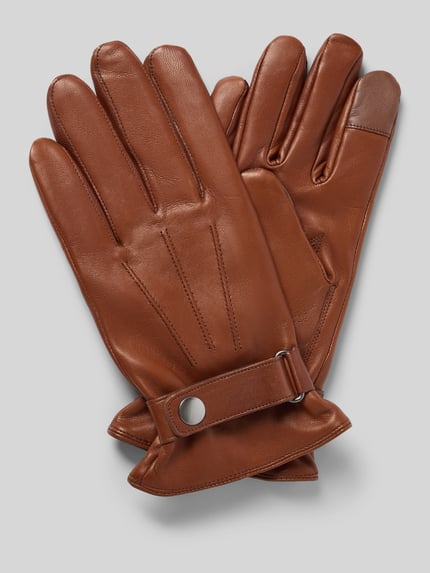 Produktfoto, Handschuhe aus echtem Leder mit Touchscreenfunktion van Akaroa, heren handschoenen in bruin leer met touchscreen-functie, bandje met drukknoop, siertstiksels