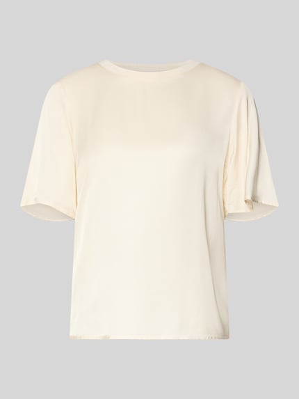 Produktfoto, T-Shirt aus Viskose-Mix mit Rundhalsausschnitt von Comma, Damen T-Shirt, Gerader-Schnitt, Stretch-Anteil, cremefarben, glatte Textur.