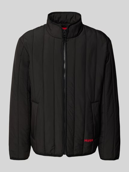 Produktfoto, Regular Fit Steppjacke mit Stehkragen Modell 'BRENOTO' von HUGO, Optik: Unifarben, verdeckter Reißverschluss, Label-Print, Langarm, seitliche Eingrifftaschen, glatte Oberfläche, schwarze Farbe