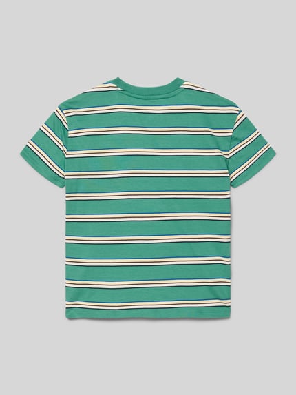 Produktfoto, Regular Fit T-Shirt mit Logo-Detail von GAP, grün mit bunten Streifen, Reine Baumwolle, Rundhalsausschnitt, Rückenlänge 46 cm bei Größe 116