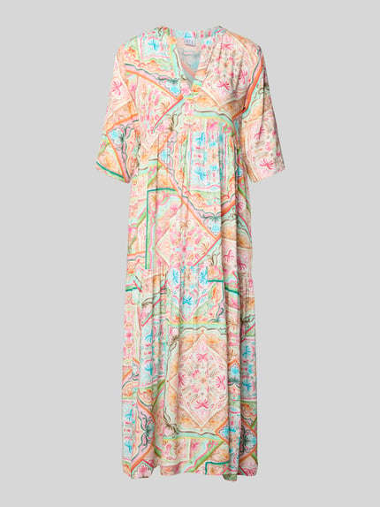 Productfoto, Maxikleid aus Viskose met V-hals van Emily Van den Bergh, recht model, all-over look in pastel en felle kleuren, lichte stoftextuur