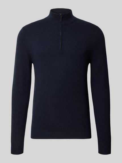 Produktfoto, Regular Fit Strickpullover aus reinem Kaschmir mit Troyer-Kragen von Profuomo in Dunkelblau, unifarben, glatte Textur