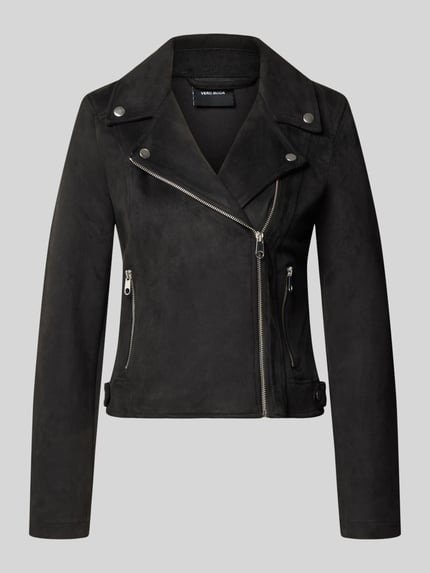 Productfoto, zwarte regular fit kunstleerjack met riemen aan de romp model 'JOSE' van VERO MODA, dames leer- / kunstleerjacke