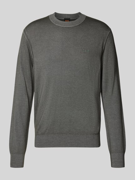 Produktfoto, grijze regular fit pullover van pure scheerwol model 'Kestefo' van BOSS Orange Heren, fijne structuur, effen kleur.
