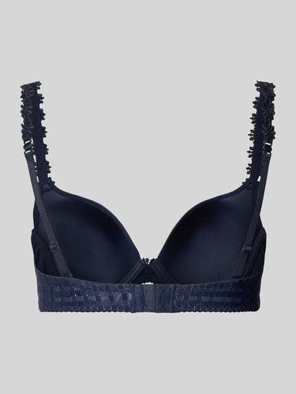 Produktfoto, biustonosz z kwiatowymi aplikacjami model 'AVERO' od Marie Jo, elastyczna mieszanka materiałów, krój dopasowany, regulowane ramiączka, efektowna przędza, zapięcie na haftkę z tyłu