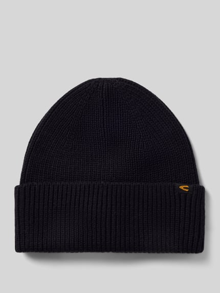 Productfoto, Beanie met brede omslag en label-detail van camel active, zwart, katoen-kasjmiermix, klassieke vorm, ribtextuur