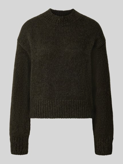 Produktfoto, Relaxed Fit Strickpullover aus Lanawoll-Mix von Marc Cain in Dunkelbraun, gerippte Abschlüsse, langärmlig, rundhals, Damen Strickpullover, strukturierte Oberfläche