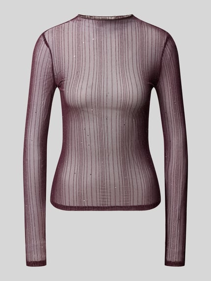 Produktfoto, semitransparentes Longsleeve mit Stehkragen Modell 'TURNO' von VILA in Burgunder mit feinen Glitzerstreifen, Slim Fit, 60 cm Rückenlänge bei Größe S.