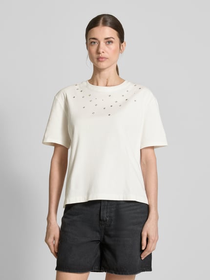 Oui T-shirt met siersteentjes Offwhite - 4