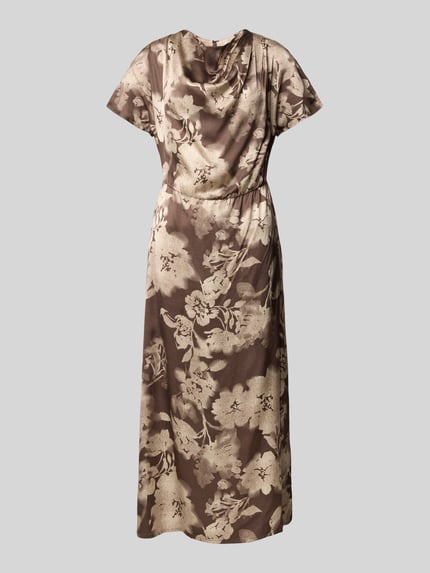 Produktfoto, Midikleid aus Viskose mit Wasserfall-Ausschnitt von Jake*s Collection, braun-beige florales Muster, A-Linie, glatte Textur, Allover-Look