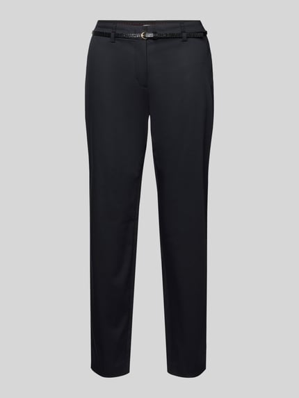 Produktfoto, Slim Fit stoffen broek met viscose van Christian Berg Woman, steekzakken, achterzakken, smalle riem met slangenmotief, haakjes- en ritssluiting, mix van viscose en katoen, effen zwart, gladde textuur