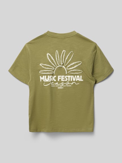 Produktfoto, Regular Fit T-Shirt mit Logo-Print von Garcia, olivgrün, reine Baumwolle, Rundhalsausschnitt, Rückseite mit Print, Kindergröße
