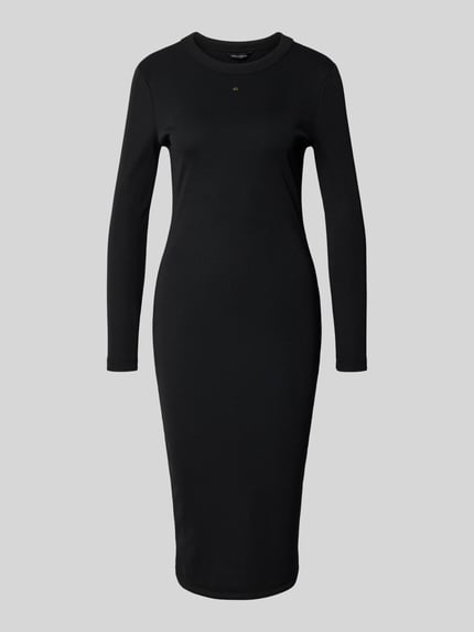 Productfoto, Midikleid met Label-Detail van ARMANI EXCHANGE in zwart, getailleerde snit, geribde ronde hals, effen textuur