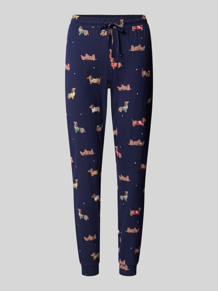 Produktfoto, dunkelblaue Slim Fit Pyjama-Hose aus reiner Baumwolle von Jake*s Casual mit buntem Hunde-Print und weicher Struktur