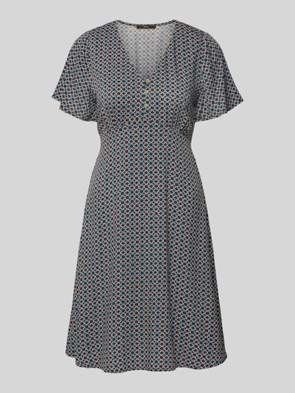 Produktfoto, Knielanges Kleid aus Viskose mit V-Ausschnitt von zero, kolorowy nadruk, taliowany krój, długość do kolan, wiązany pasek, listwa guzikowa, długość tyłu w rozmiarze 36: 90 cm, szerokość w rozmiarze 36: 32 cm, długość rękawów w rozmiarze 36: 21 cm