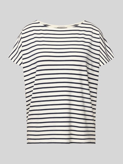 Produktfoto, T-Shirt mit Rundhalsausschnitt von Christian Berg Woman im Viskose-Mix mit Stretch-Anteil, Gerader-Schnitt, Kappärmel, weiße Grundfarbe mit dunkelblauen Querstreifen