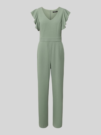 Produktfoto, Regular Fit Jumpsuit mit Rüschenbesatz van SWING in lichtgroen, elastische materiaalmix, v-hals, mouwloos design, getailleerd, confectiemaat 36: ruglengte 32 cm, borstwijdte 42 cm, mouwlengte 11 cm, totale lengte 150 cm, binnenbeenlengte 83 cm.