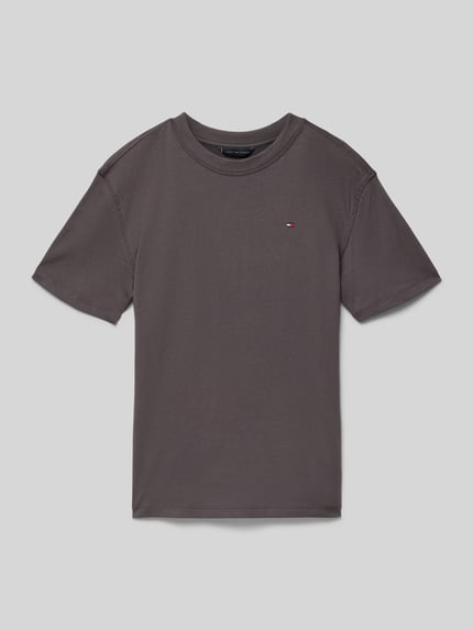Produktfoto, Regular Fit T-Shirt aus reiner Baumwolle van Tommy Hilfiger Teens, effen grijze kleur, korte mouw, jerseystructuur, labelprint.
