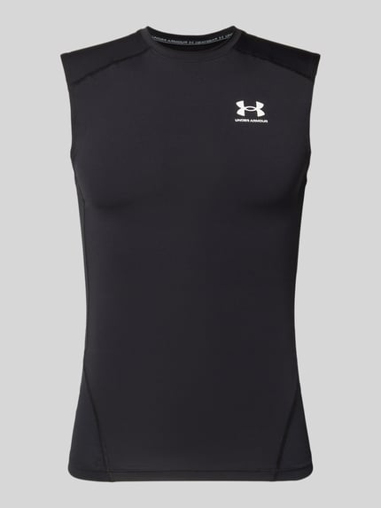 Produktfoto, Slim Fit Top mit Logo-Print von Under Armour in Schwarz, elastischer Material-Mix, Rundhalsausschnitt, dezente Struktur.