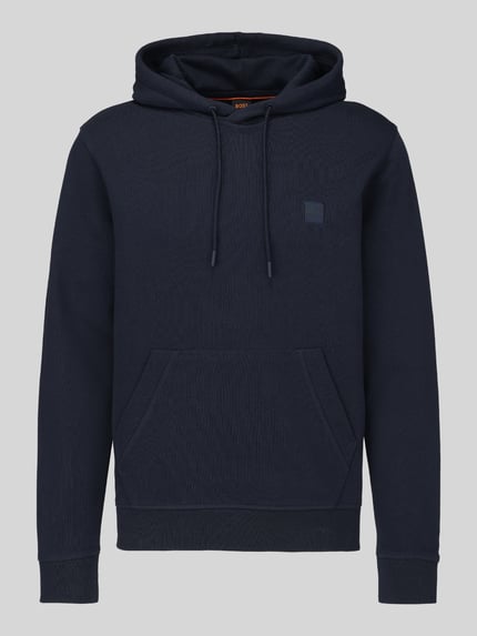 Produktfoto, Hoodie mit Logo-Patch Modell 'Wetalk' von BOSS Orange in Dunkelblau, unifarben, strukturierte Jersey-Oberfläche, Kängurutasche, Zugband an Kapuze