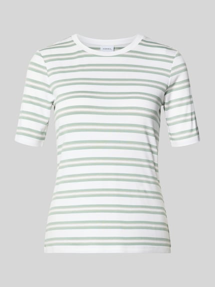 Produktfoto, T-Shirt mit Rundhalsausschnitt van comma, wit en lichtgroen gestreept, viscosemix met stretch, nauwsluitende fit, halve mouw, ruglengte maat 36: 57 cm