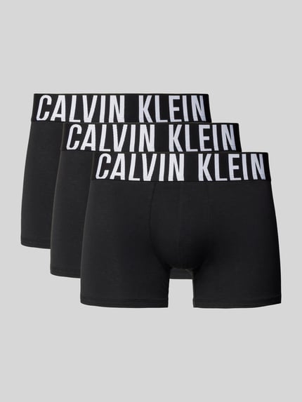 Produktfoto, Trunks mit Label-Bund im 3er-Pack von Calvin Klein, schwarz, unifarben, Baumwoll-Elasthan-Mix, enger Schnitt, sichtbare Textur