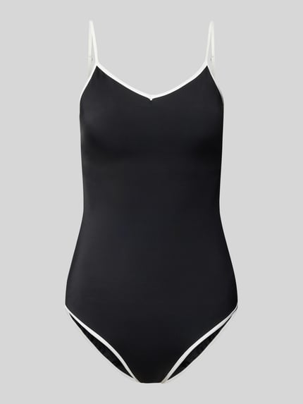Produktfoto, schwarzer Badeanzug mit Kontrastkante Modell 'FELICE SOLID' von Neo Noir, Material-Mix mit Stretch-Anteil, V-Ausschnitt, verstellbare Spaghettiträger, klare Linien auf einfarbigem Hintergrund.