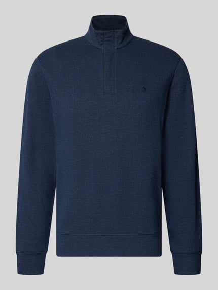Produktfoto, Regular Fit Troyer aus Baumwoll-Mix von POLO RALPH LAUREN in Dunkelblau mit Fischgrätenmuster, Logo-Stitching, Knopfleiste