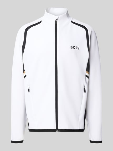 Produktfoto, Regular Fit Trainingsjacke mit Kontrastdetails von BOSS Green, Mehrfarbig, Regular-Fit, Reißverschluss, Label-Print, Stehkragen, Langarm, elastischer Rumpfabschluss und Ärmelabschluss, seitliche Reißverschlusstaschen, Kontraststreifen