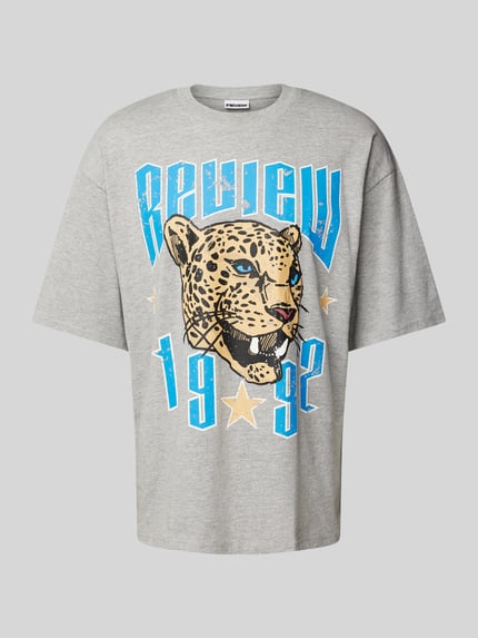 REVIEW Oversized T-Shirt mit Viskose-Anteil und Label-Print Hellgrau Melange 2