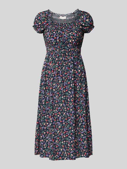 Productfoto, Midikleid im Allover-Look van Apricot, donkerblauw met veelkleurige bloemen, pure LENZING™ ECOVERO™ vezels, getailleerde fit, ronde hals, ruglengte 107 cm, borstwijdte 31 cm