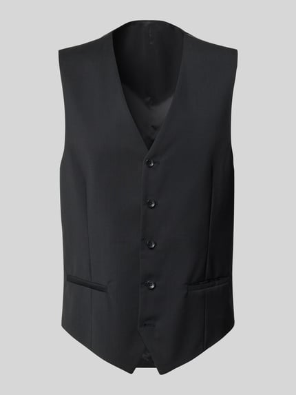 Produktfoto, schwarze Herren Weste mit V-Ausschnitt, Knopfleiste und Paspeltaschen aus Reine Schurwolle, Slim-Fit, Rückenlänge 62 cm, Modell 'Tobias' von Carl Gross