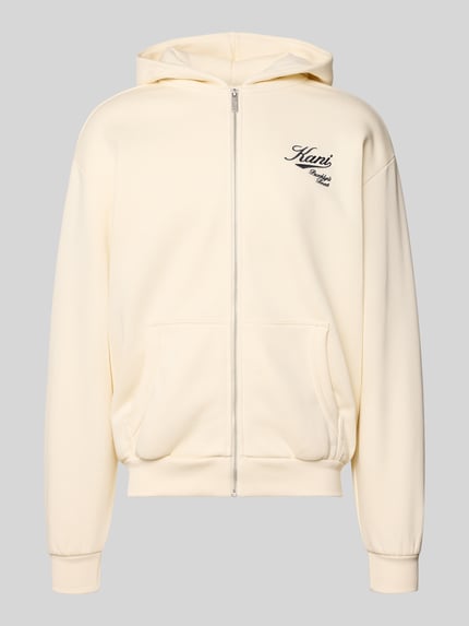 Produktfoto, Oversized Sweatjacke mit Logo-Stitching von KARL KANI aus Baumwoll-Mix in Creme mit Kapuze, Kängurutasche und Reißverschluss