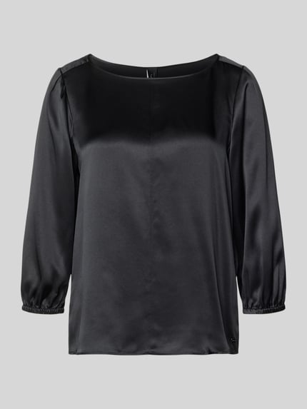 Produktfoto, Blusenshirt aus Seide mit 3/4-Arm von Marc Cain, czarny kolor, gładka tekstura, krój regular fit, okrągły dekolt, długość tyłu w rozmiarze 36: 60 cm, długość rękawa w rozmiarze 36: 49 cm