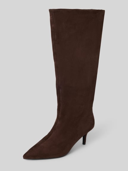 Produktfoto, Stiefel mit Pfennigabsatz van BIANCO in bruin suede model met punt, gladde zool, ritssluiting, hakhoogte maat 40: 7 cm, schachthoogte: 40 cm, schachtbreedte: 22 cm.