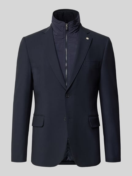 Produktfoto, Slim Fit Sakko mit Viskose-Anteil von Manuel Ritz, Mieszanka materiałów z dodatkiem wiskozy, stójka z zamkiem błyskawicznym, kołnierz z połami, brustasza, listwa guzikowa, kieszenie z patką po bokach, długość tyłu w rozmiarze 50: 78 cm, szerokość w rozmiarze 50: 44 cm, długość rękawów w rozmiarze 50: 68 cm, granatowa gładka tkanina