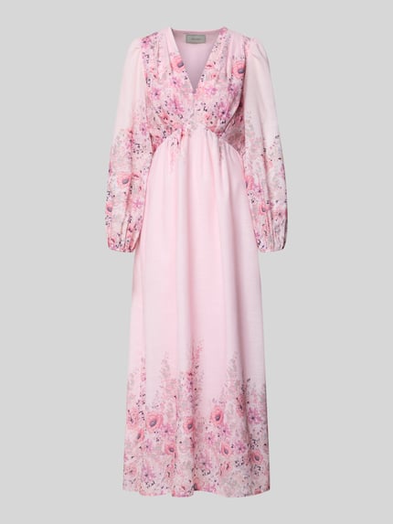 Productfoto, maxi-jurk met V-hals model 'SILFI' van Neo Noir in lichtroze met all-over look en getailleerd model, fijne bloemenpatronen