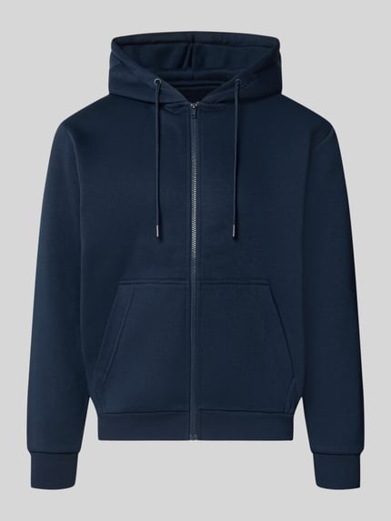 Produktfoto, granatowa bluza rozpinana z mieszanki bawełny, krój regular fit, model 'BRADLEY' od JACK & JONES, kaptur z tunelem, oddzielna kieszeń kangurka, elastyczne wykończenia, długość tyłu w rozmiarze M: 67 cm, długość rękawów w rozmiarze M: 68 cm