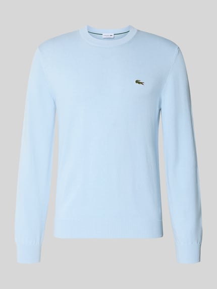 Produktfoto, hellblauer Regular Fit Pullover aus Baumwoll-Mix von Lacoste mit feiner Struktur und glatter Oberfläche vor grauem Hintergrund.