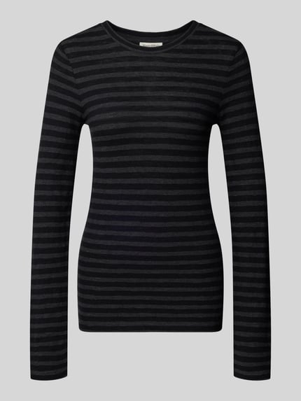 Produktfoto, Regular Fit Langarmshirt aus reiner Baumwolle von Marc O'Polo, schwarz-grau gestreift mit feiner Textur, Damen Langarmshirt